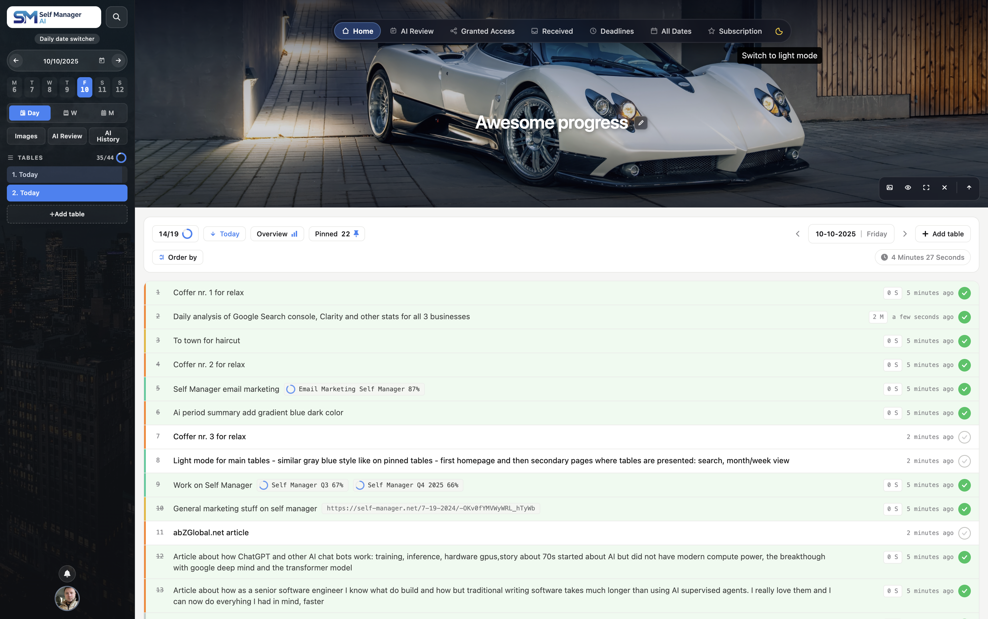 SelfManager.ai dashboard view with task management